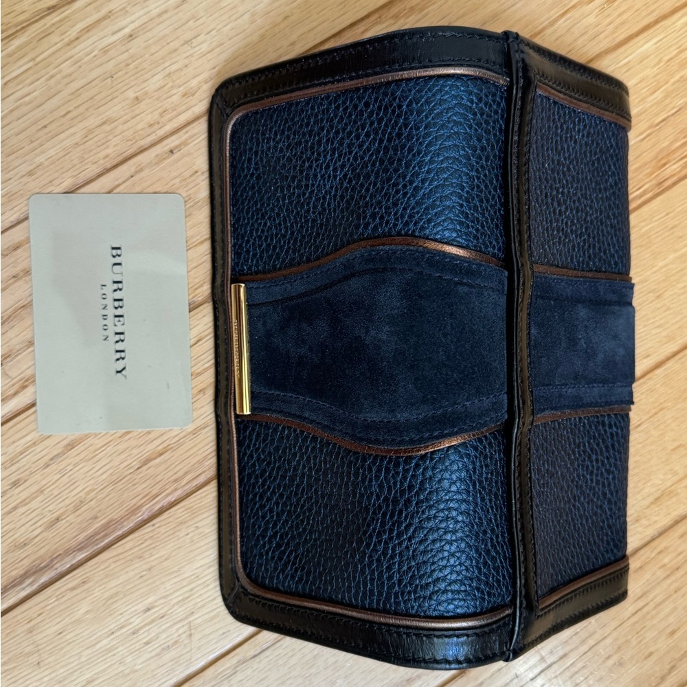 Burberry Prosum  bronze Metallic Piping Navy Suade Leather Luxury Wallet VTG